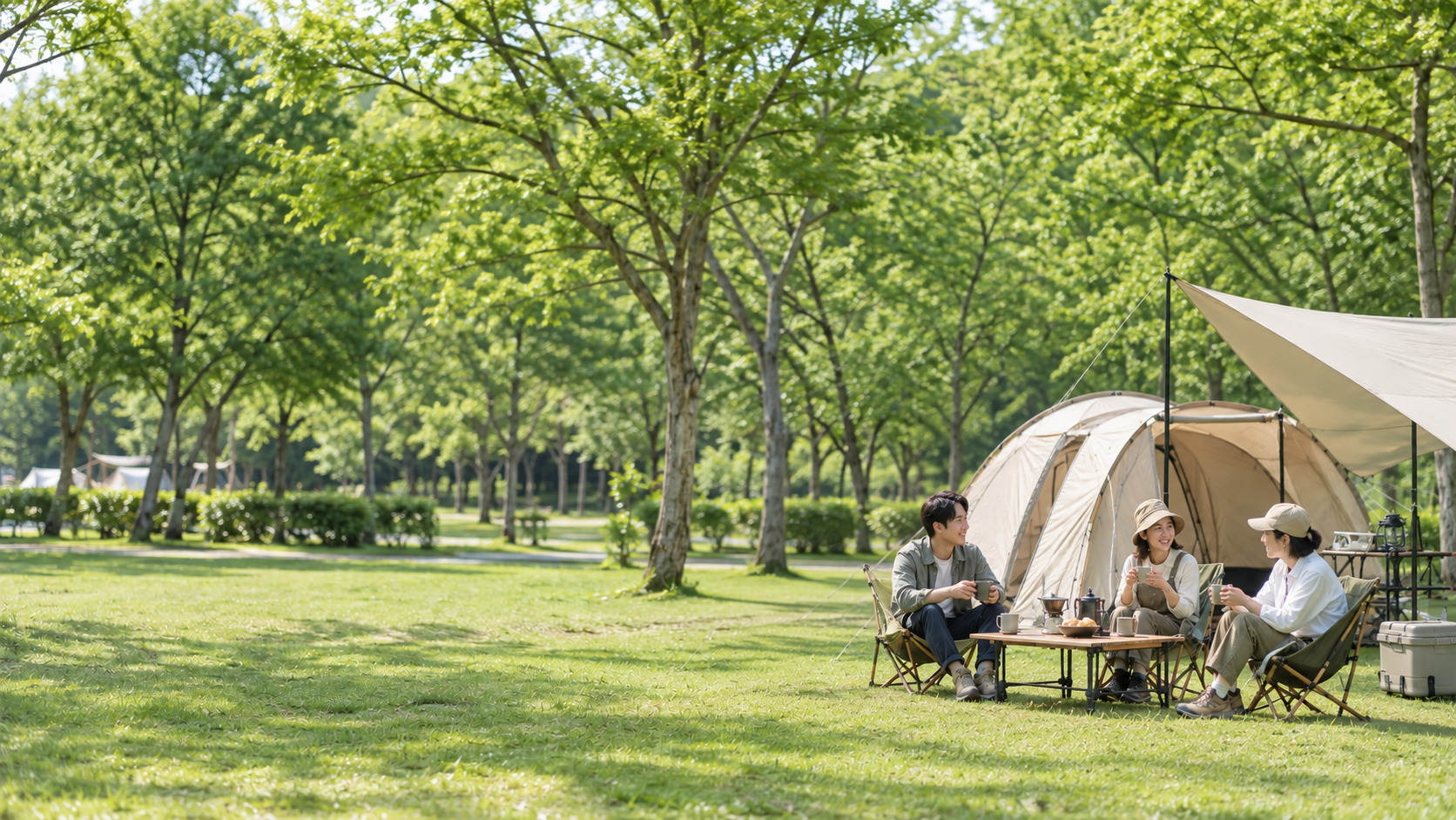 日本の明るい芝生のキャンプ場で、ベージュのテントとタープのそばで自然に会話する3人のキャンパーのイメージ